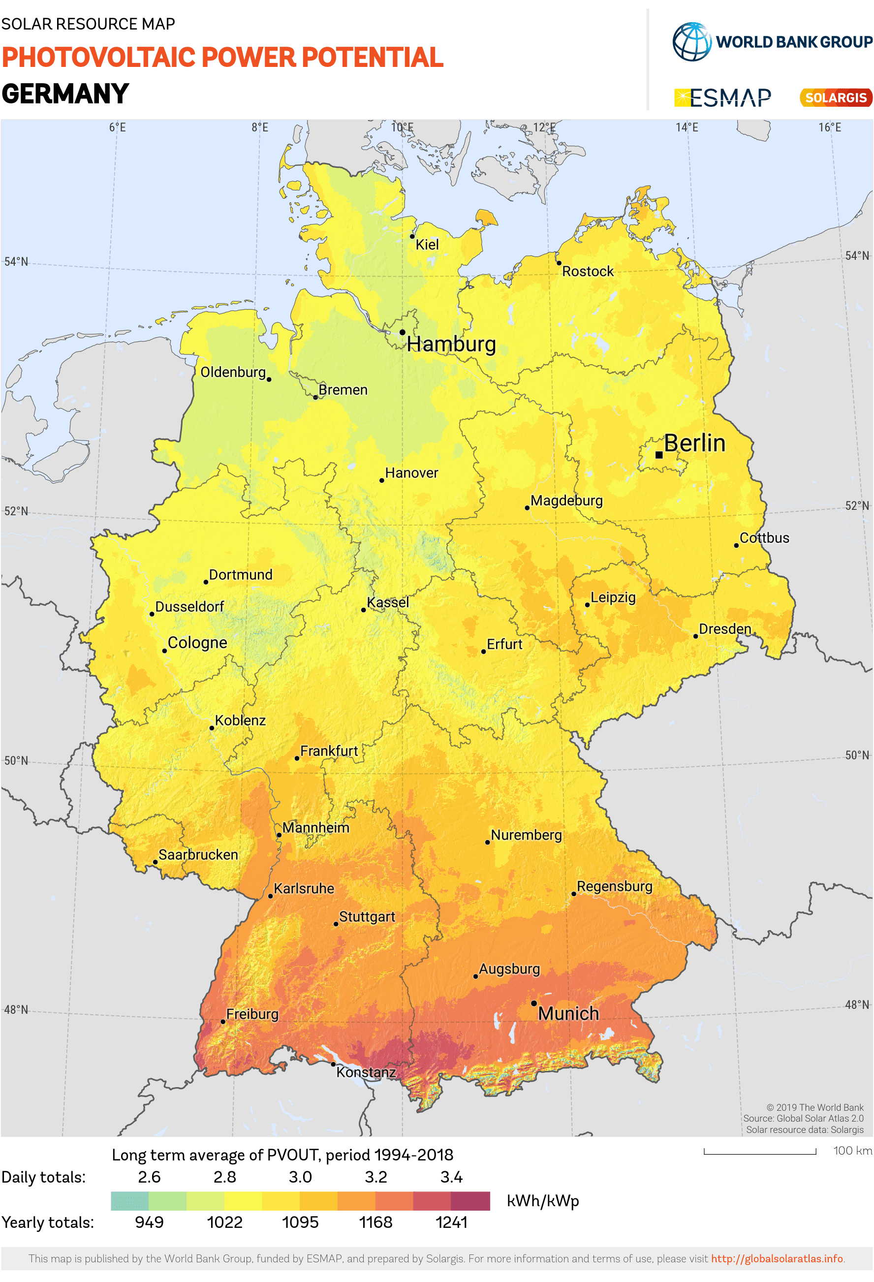 Durchschnittliche jährliche Sonneneinstrahlung in Deutschland